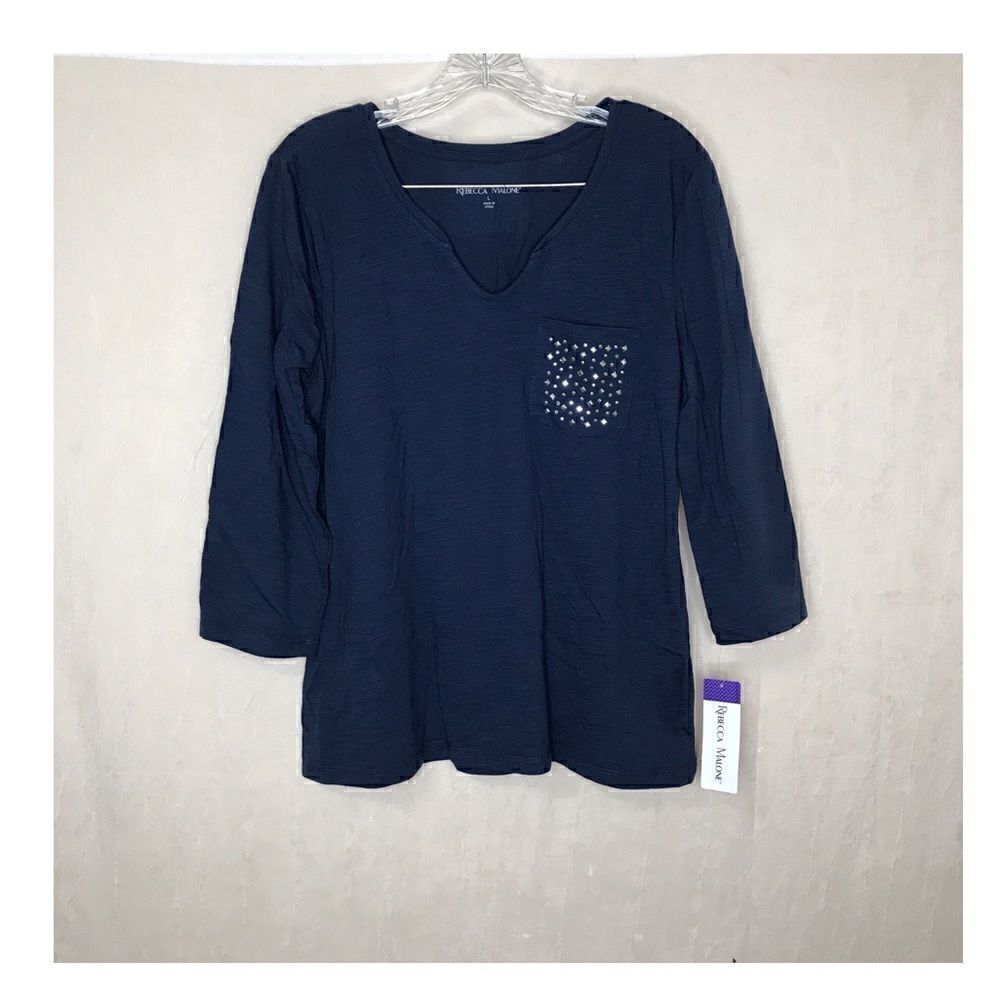 NWT Rebecca Malone Women's 3/4  Sleeve Decorative Pocket Top Blue Silver Large